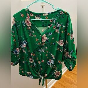 Westport Green Floral Blouse with Tie Front